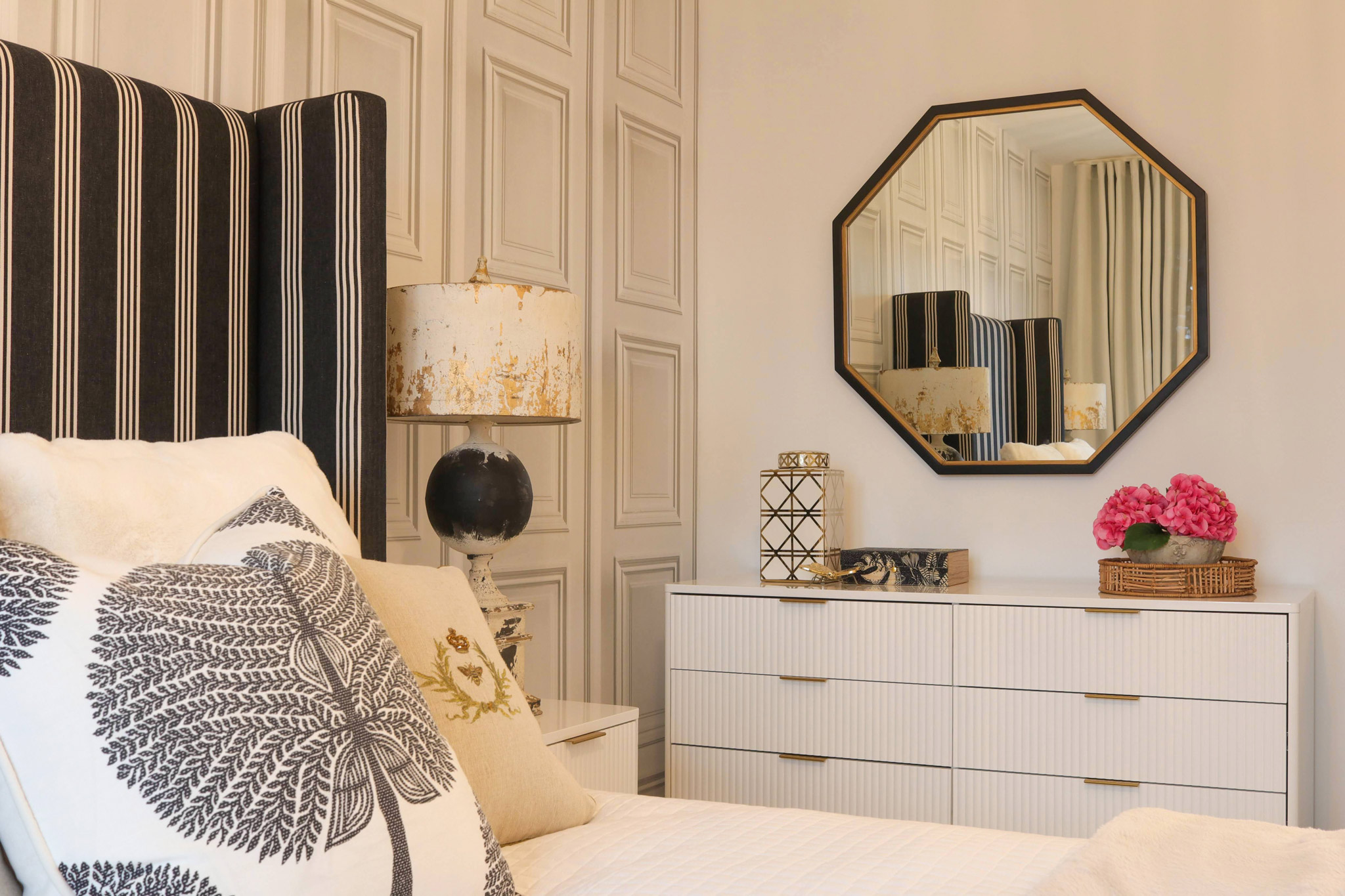 Opulent Spey Showhome bedroom detail and elegant octagonal mirror